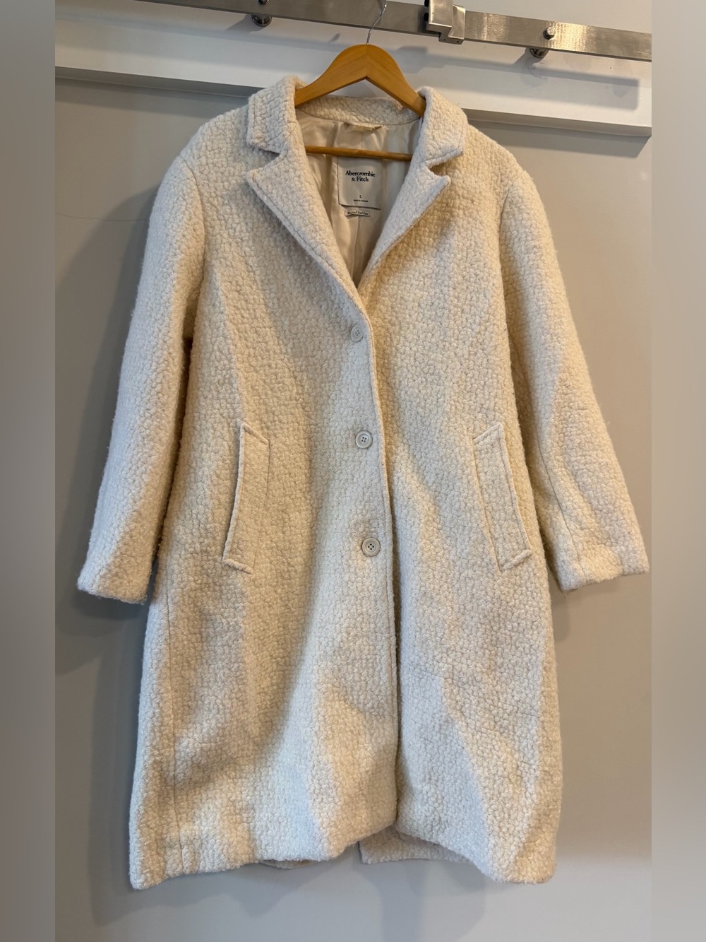 Abercrombie & Fitch A&F Dad Coat Cream Boucle Wool Blend Size L